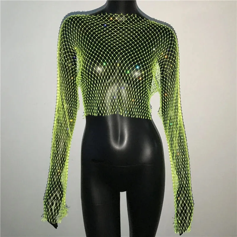 Glitter Rhinestone Fishnet Crop Top  Festival-Ready Sparkle