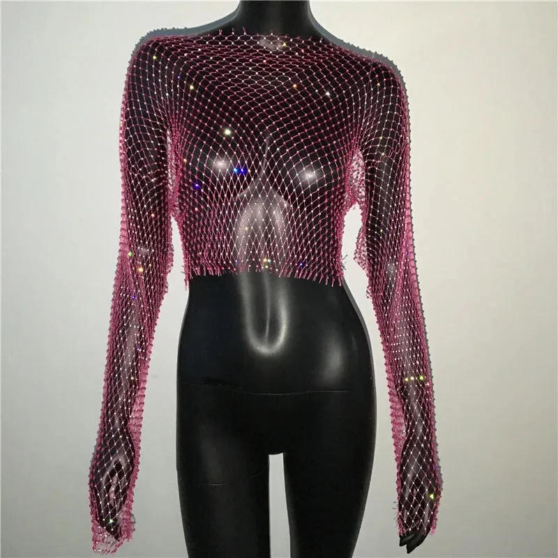 Glitter Rhinestone Fishnet Crop Top  Festival-Ready Sparkle