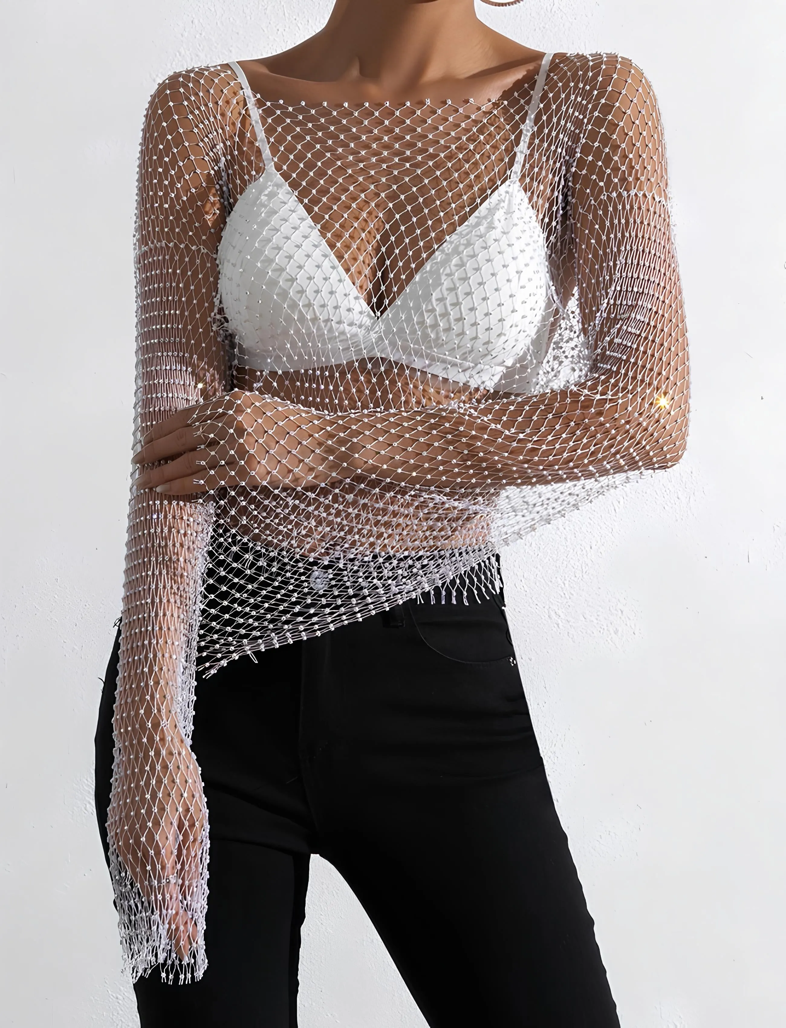 Glitter Rhinestone Fishnet Crop Top  Festival-Ready Sparkle