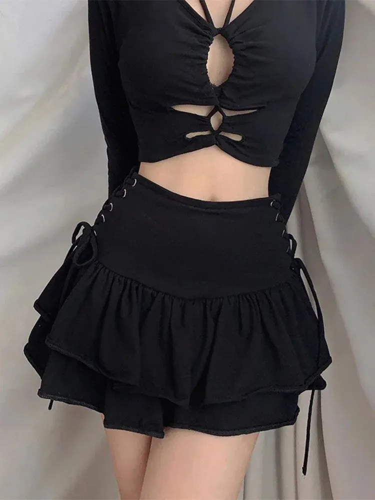 High Waist Bandage Mini Skirt - Streetwear Mall Goth Harajuku Y2k