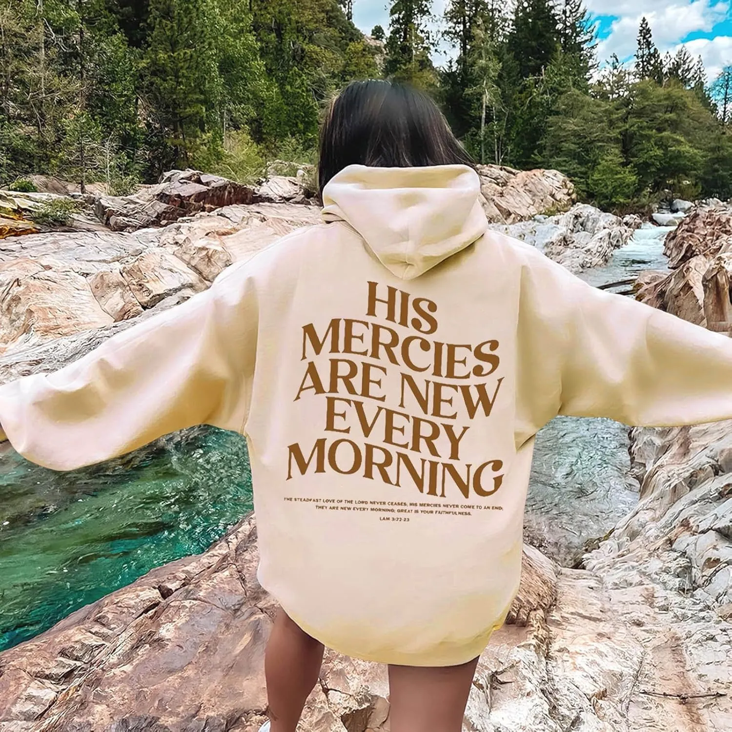 His Mercies are New Every Morning Christian Hoodies for Women Oversized Long Sleeve Hooded Sweatshirts Letter Hoodie
