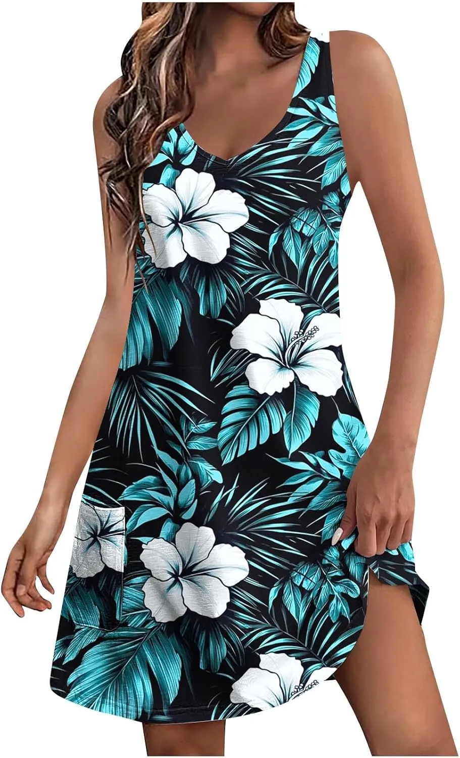 hlysgo Summer Mini Dress for Women Casual Sleeveless V Neck Beach Dresses Trendy Floral Print Short Sundress with Pockets