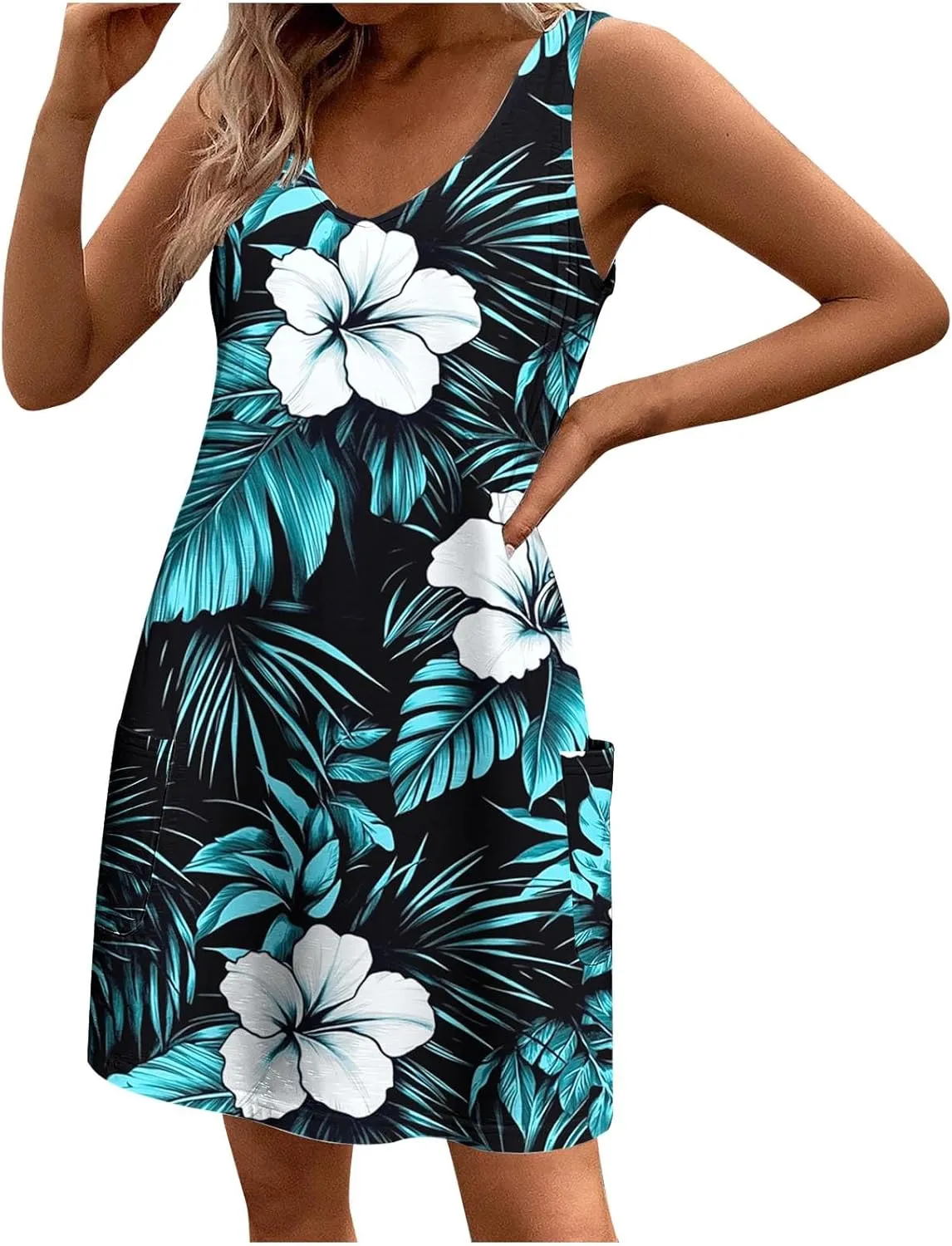 hlysgo Summer Mini Dress for Women Casual Sleeveless V Neck Beach Dresses Trendy Floral Print Short Sundress with Pockets