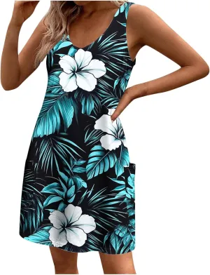 hlysgo Summer Mini Dress for Women Casual Sleeveless V Neck Beach Dresses Trendy Floral Print Short Sundress with Pockets