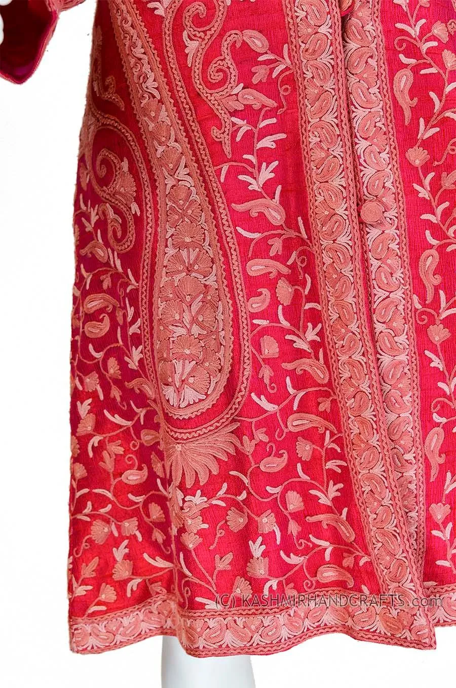 iridescent fuchsia red silk paisley dinner jacket dress coat kashmir hand embroidered