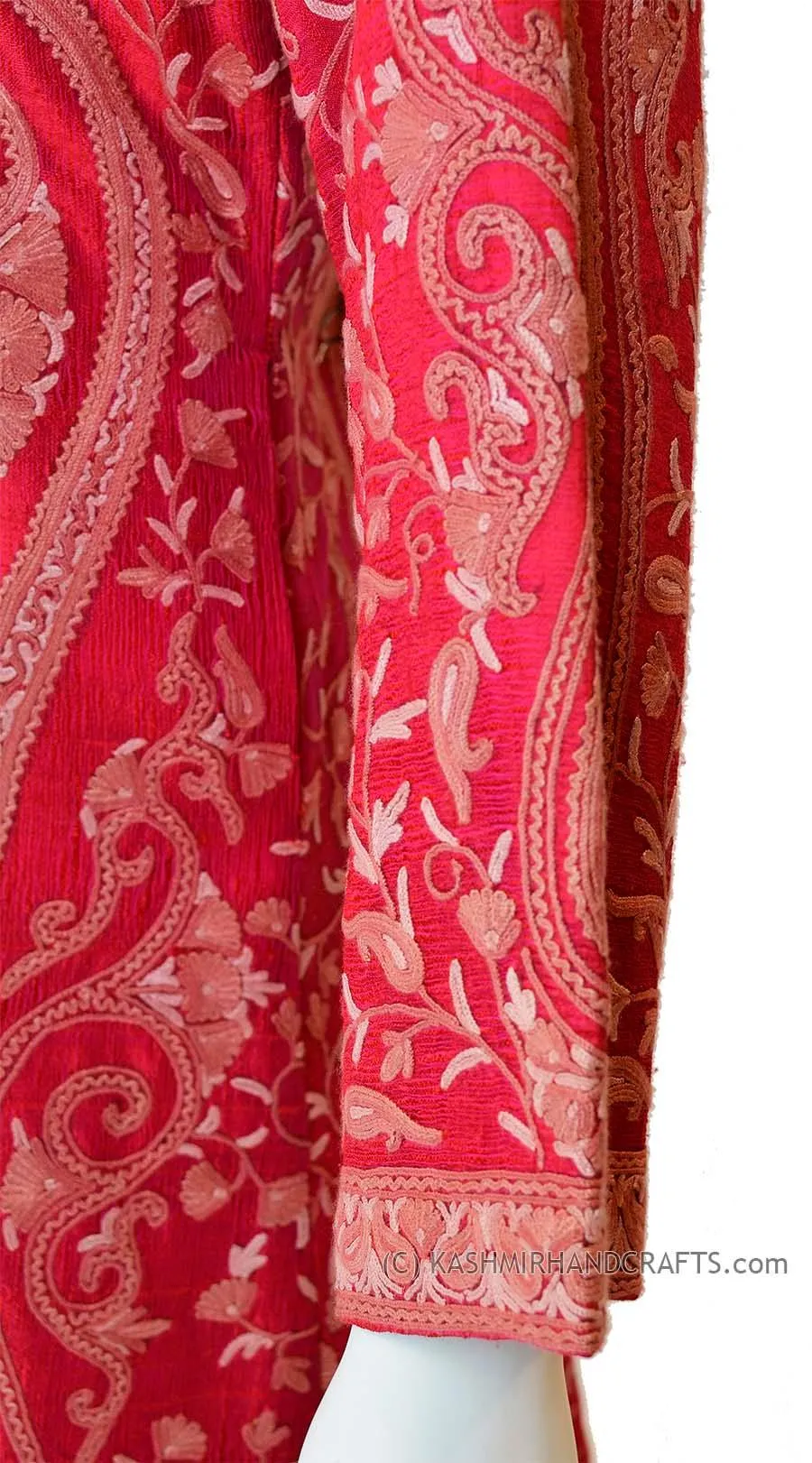iridescent fuchsia red silk paisley dinner jacket dress coat kashmir hand embroidered