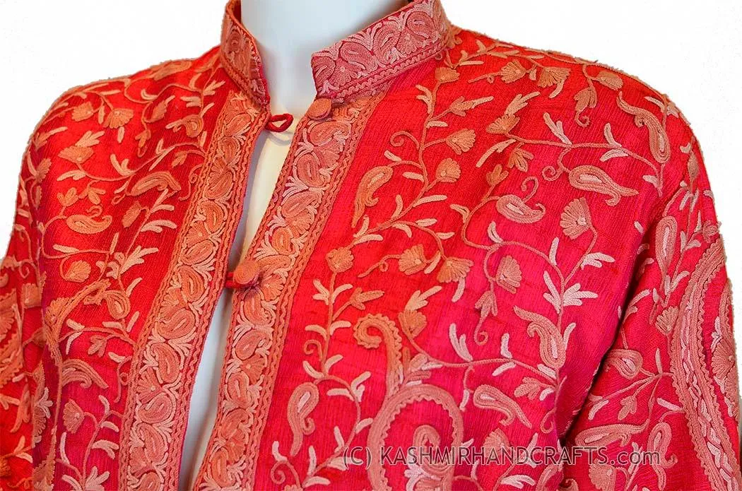 iridescent fuchsia red silk paisley dinner jacket dress coat kashmir hand embroidered