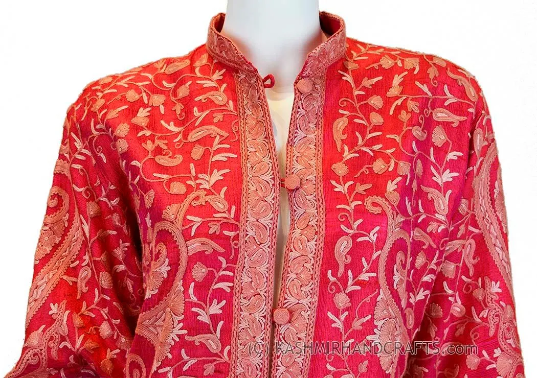iridescent fuchsia red silk paisley dinner jacket dress coat kashmir hand embroidered