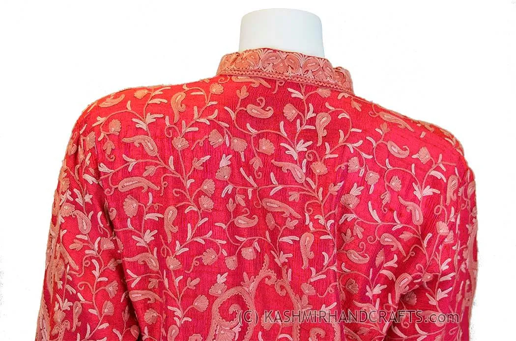 iridescent fuchsia red silk paisley dinner jacket dress coat kashmir hand embroidered