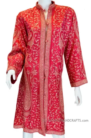 iridescent fuchsia red silk paisley dinner jacket dress coat kashmir hand embroidered