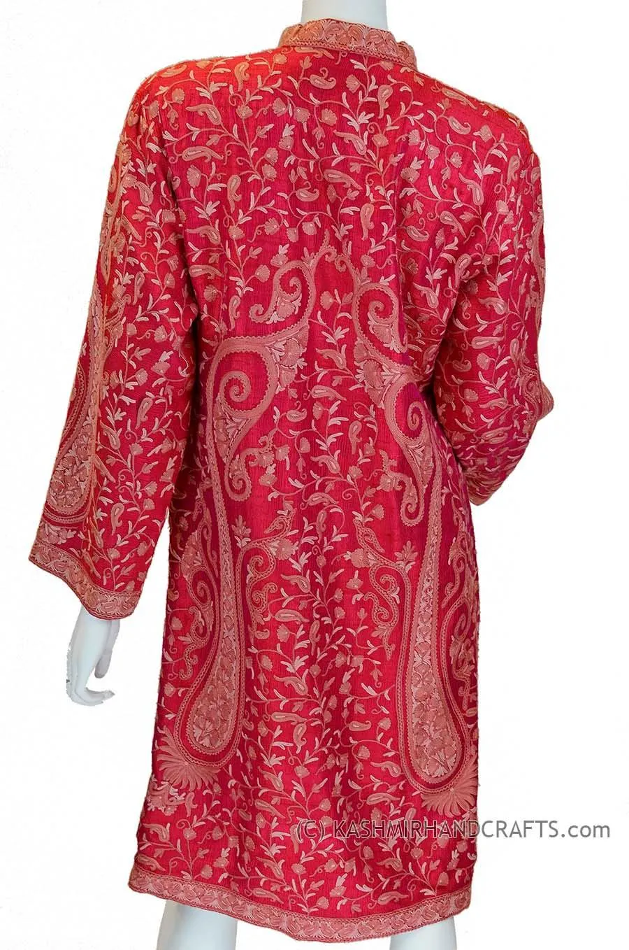 iridescent fuchsia red silk paisley dinner jacket dress coat kashmir hand embroidered