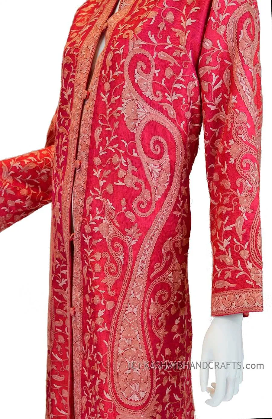 iridescent fuchsia red silk paisley dinner jacket dress coat kashmir hand embroidered