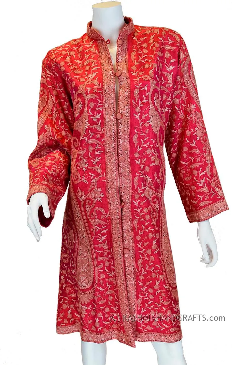 iridescent fuchsia red silk paisley dinner jacket dress coat kashmir hand embroidered