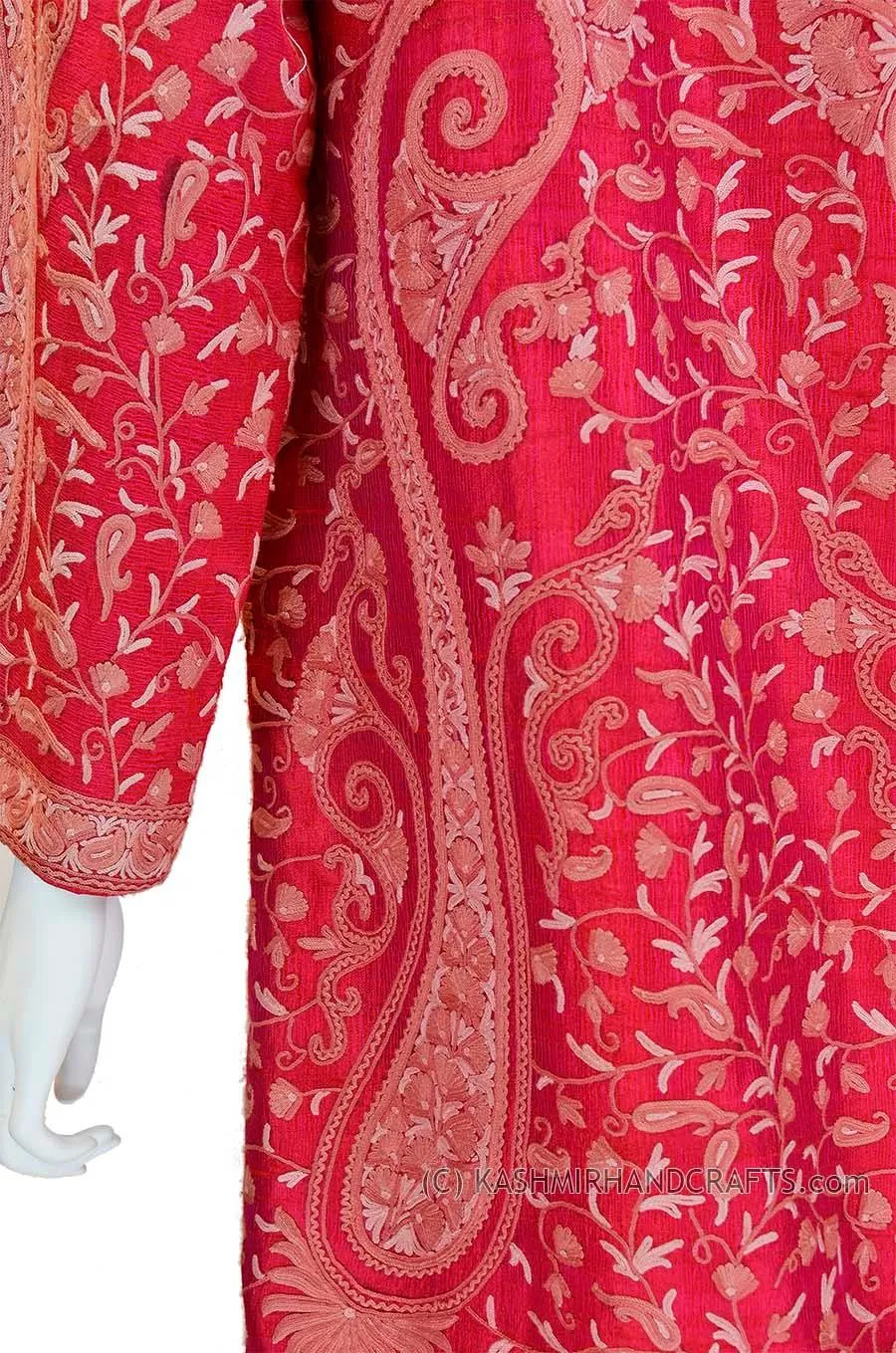 iridescent fuchsia red silk paisley dinner jacket dress coat kashmir hand embroidered