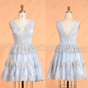 Light Blue Pretty Lace Short Prom Dresses