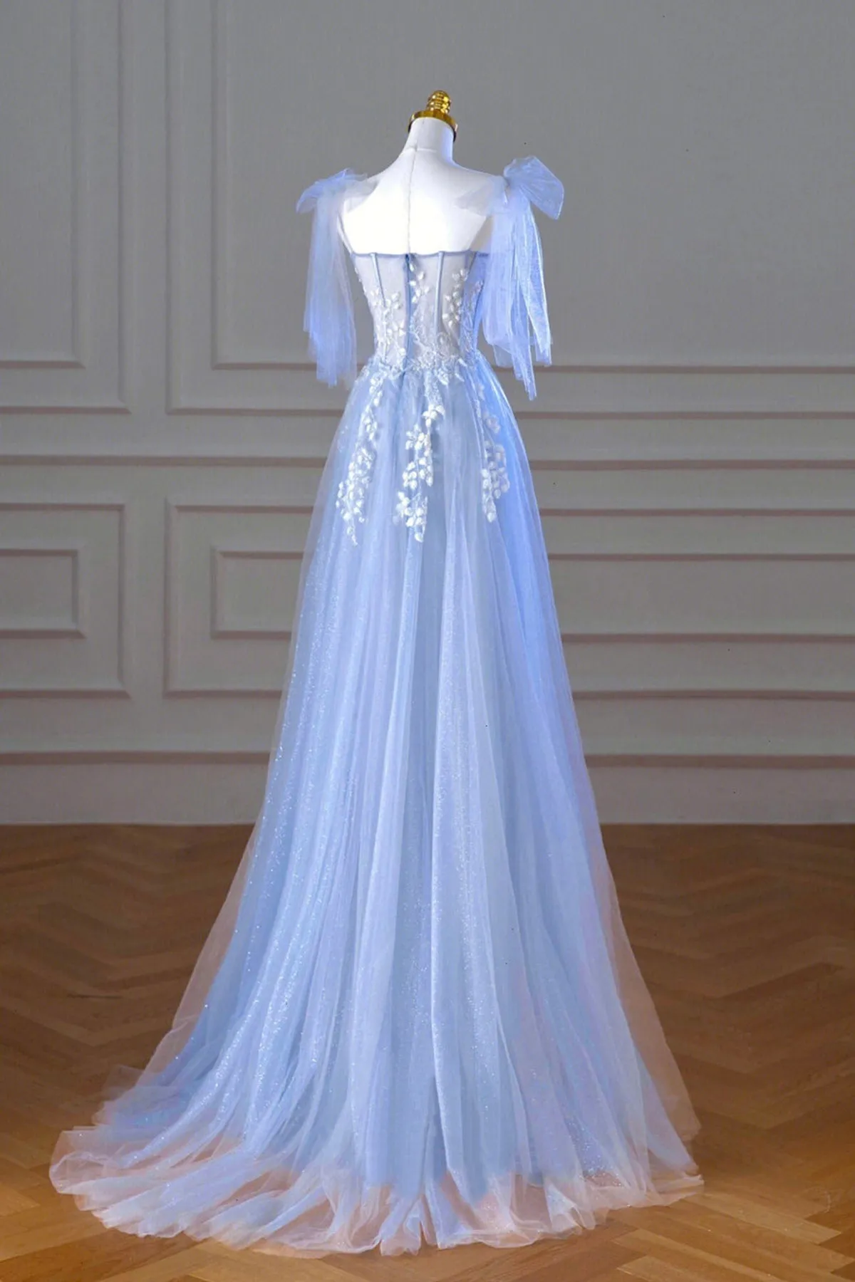 Light Blue Tulle A Line Lace Long Prom Dresses, Light Blue Lace Formal Graduation Evening Dresses WT1071
