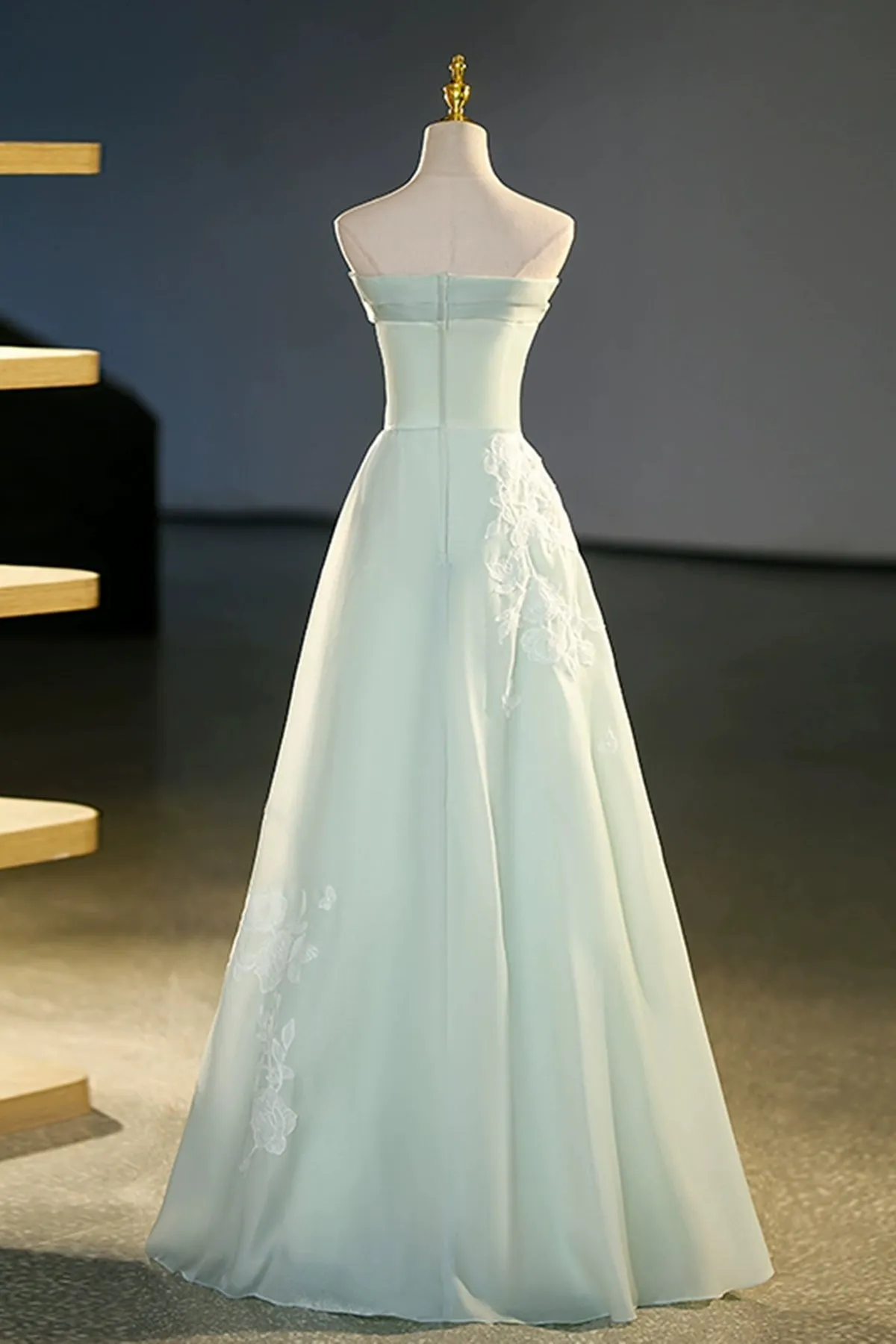 Light Green Strapless Long Lace Prom Dresses, Light Green Lace Formal Graduation Evening Dresses WT1231