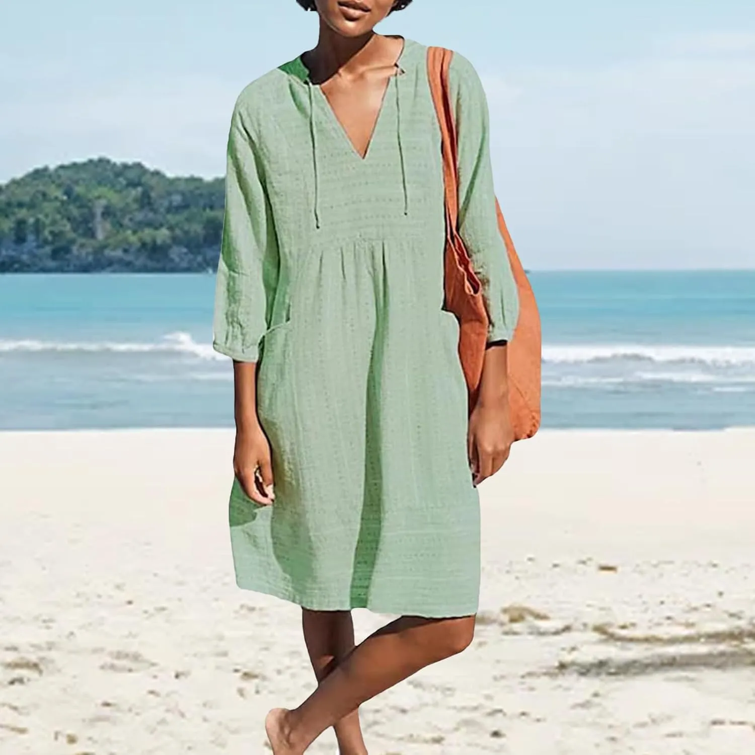 Linen Dresses for Women 2025 Summer Vacation Beach Shift Dress V Neck 3/4 Sleeve Midi Dress Casual Tunic Dresses