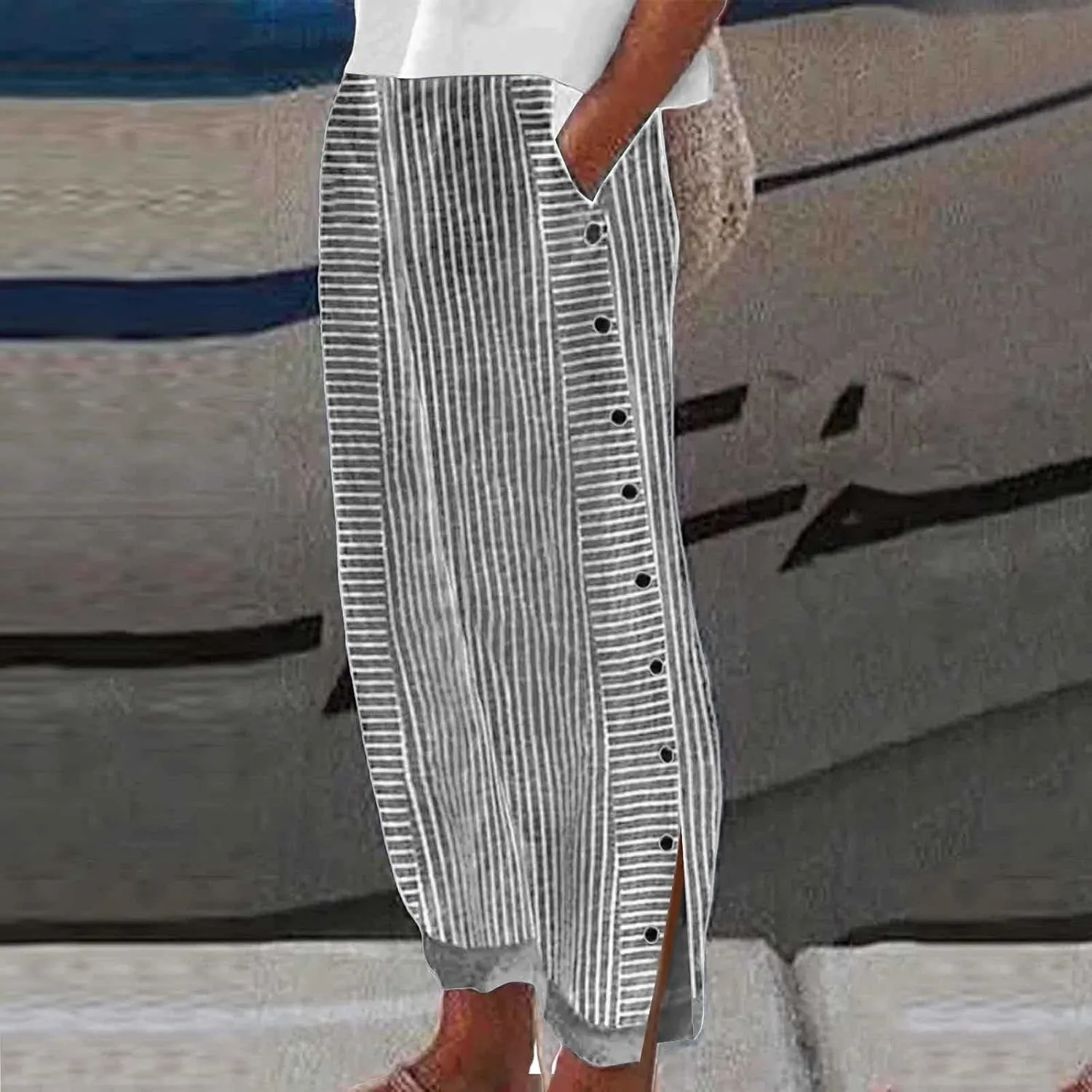 Linen Pants Women Ladies Casual Summer Loose Solid Color Boho Plus Size High Waist Linen Pants Cotton Comfy Lounge Trousers