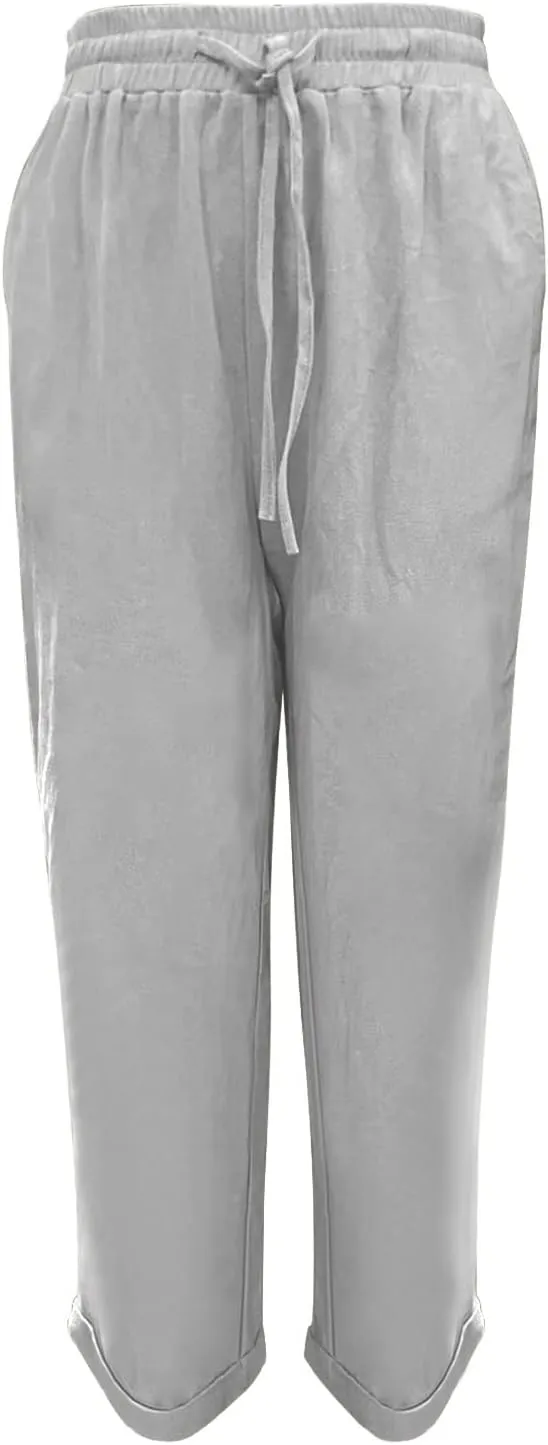 Linen Pants Womens Relaxed Fit Casual Vacation Cotton Linen Pant Trendy Drawstrings Lounge Trousers with Pockets