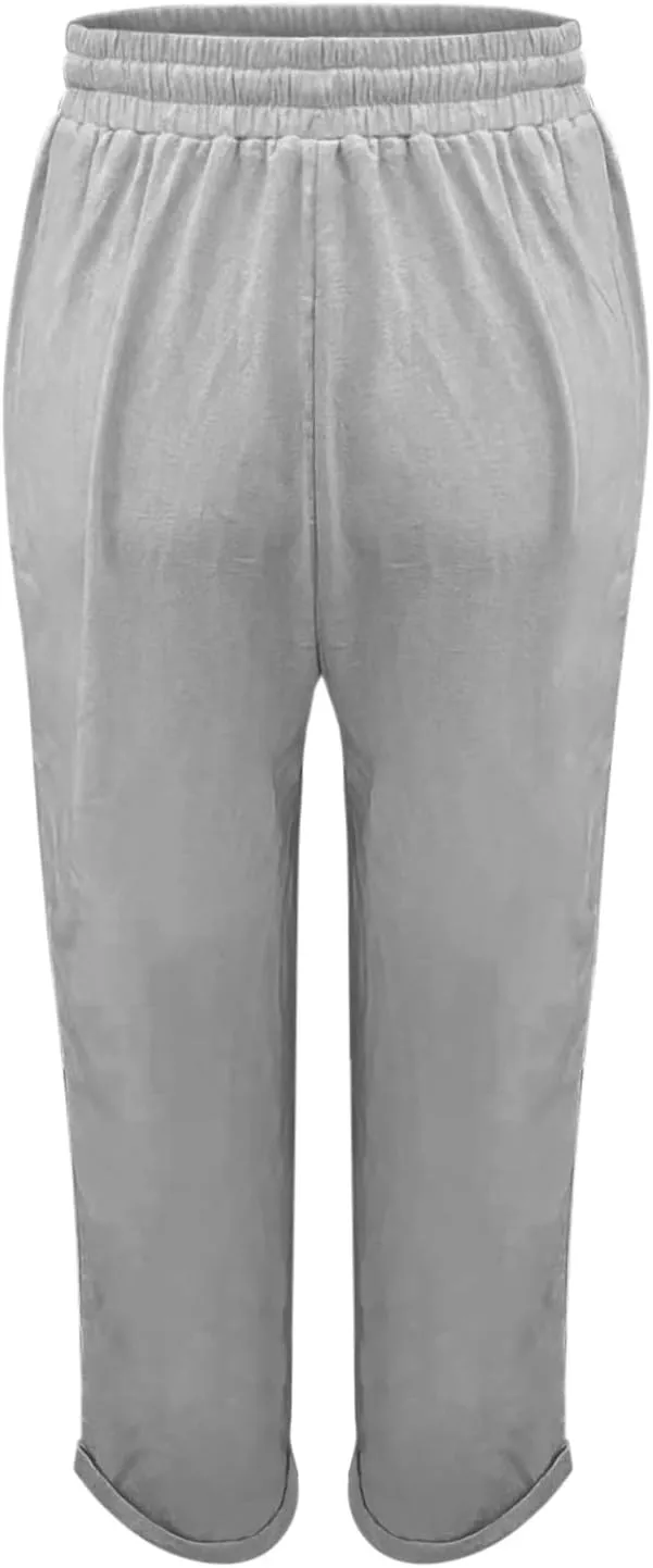 Linen Pants Womens Relaxed Fit Casual Vacation Cotton Linen Pant Trendy Drawstrings Lounge Trousers with Pockets