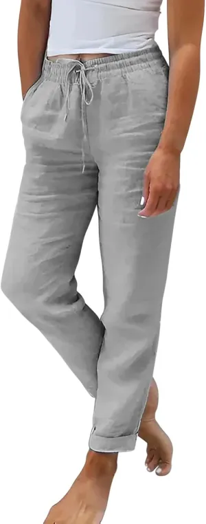 Linen Pants Womens Relaxed Fit Casual Vacation Cotton Linen Pant Trendy Drawstrings Lounge Trousers with Pockets