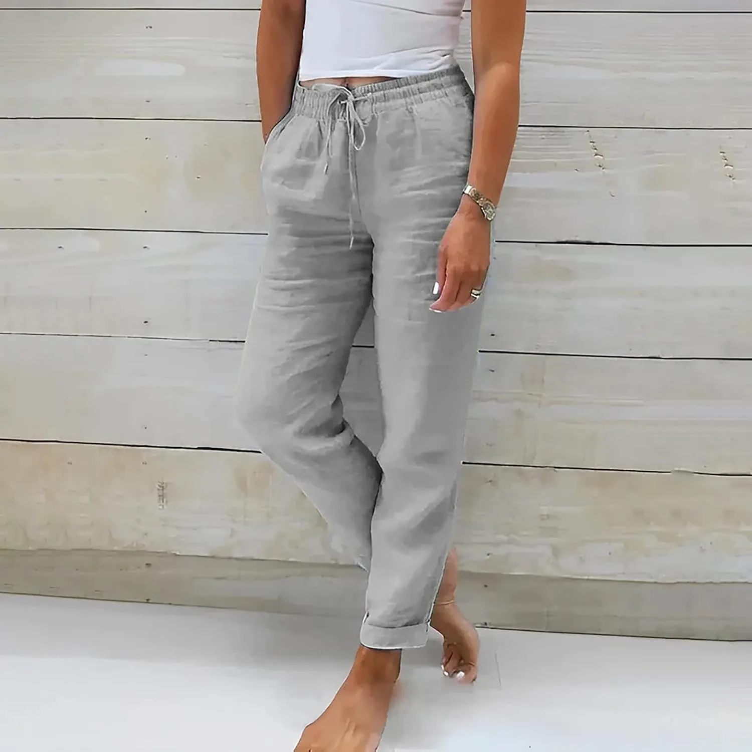 Linen Pants Womens Relaxed Fit Casual Vacation Cotton Linen Pant Trendy Drawstrings Lounge Trousers with Pockets