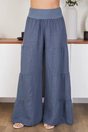 Linen Tiered Palazzo Pant by Milo Milano in Slate Blue