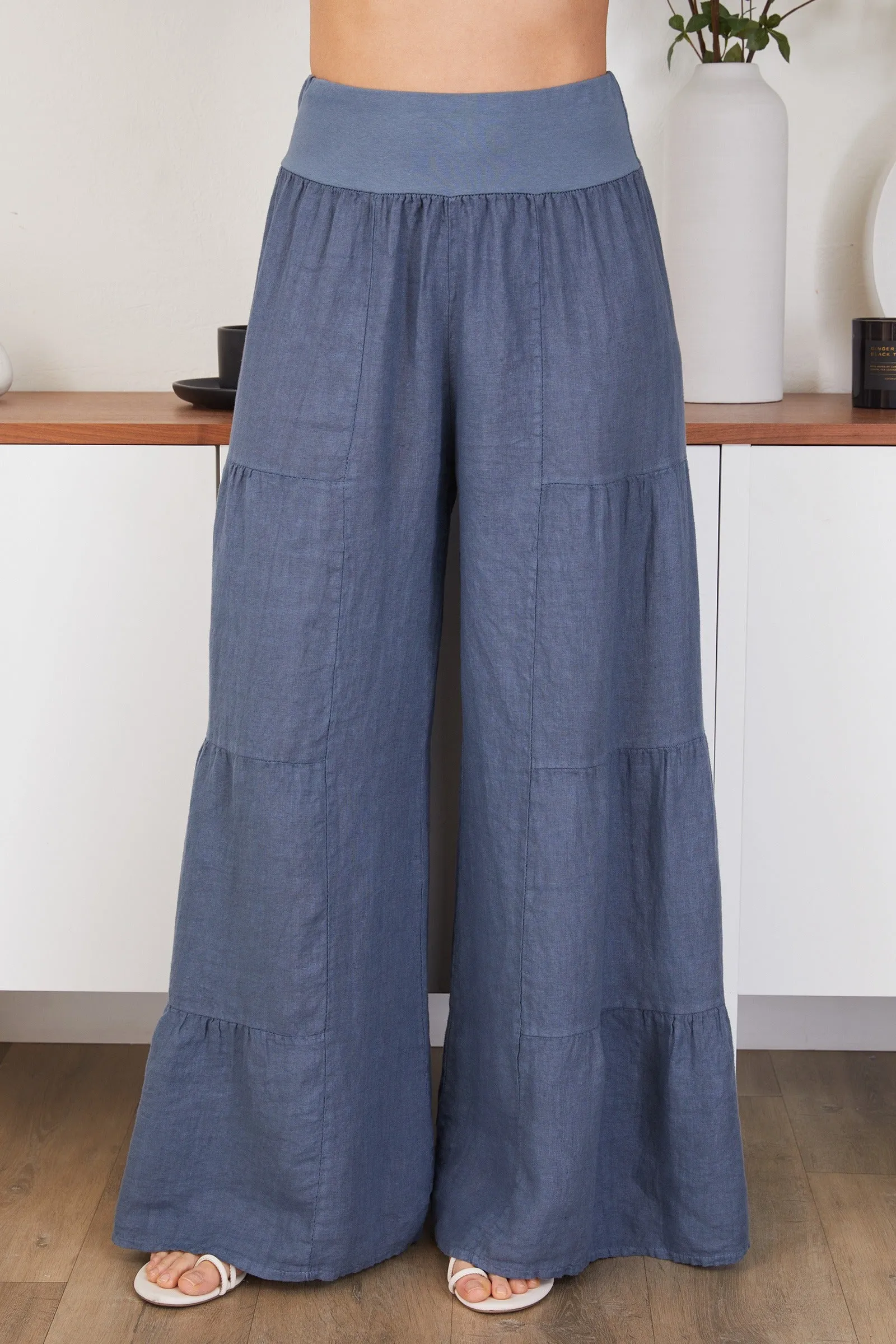 Linen Tiered Palazzo Pant by Milo Milano in Slate Blue
