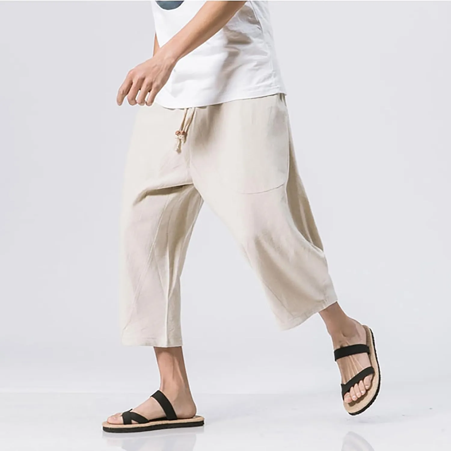 Mens Casual Pants Linen Pants Drawstring Beach Pants Relaxed-Fit Yoga Pants Summer Elastic Waist Pants
