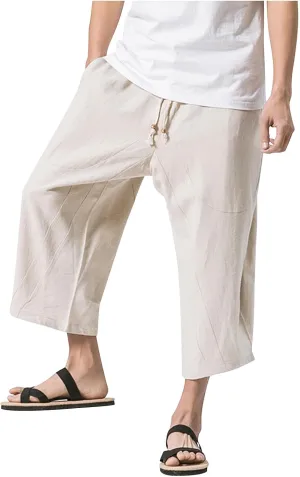 Mens Casual Pants Linen Pants Drawstring Beach Pants Relaxed-Fit Yoga Pants Summer Elastic Waist Pants
