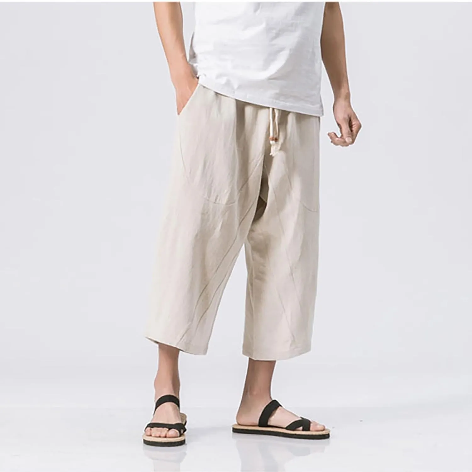 Mens Casual Pants Linen Pants Drawstring Beach Pants Relaxed-Fit Yoga Pants Summer Elastic Waist Pants