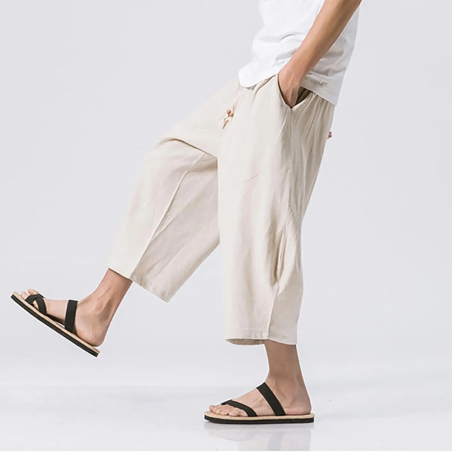 Mens Casual Pants Linen Pants Drawstring Beach Pants Relaxed-Fit Yoga Pants Summer Elastic Waist Pants