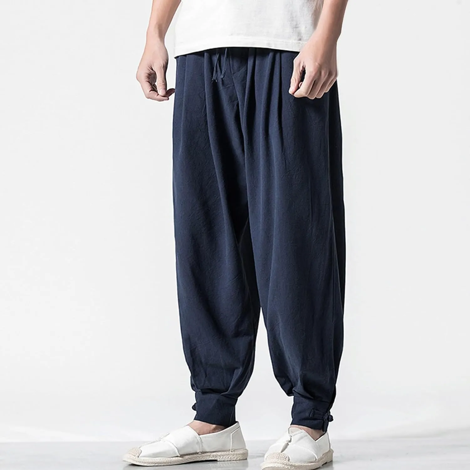 Mens Casual Pants Linen Pants Drawstring Beach Trousers Relaxed-Fit Yoga Pants Soft Elastic Waist Pants