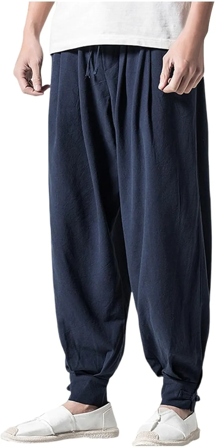 Mens Casual Pants Linen Pants Drawstring Beach Trousers Relaxed-Fit Yoga Pants Soft Elastic Waist Pants
