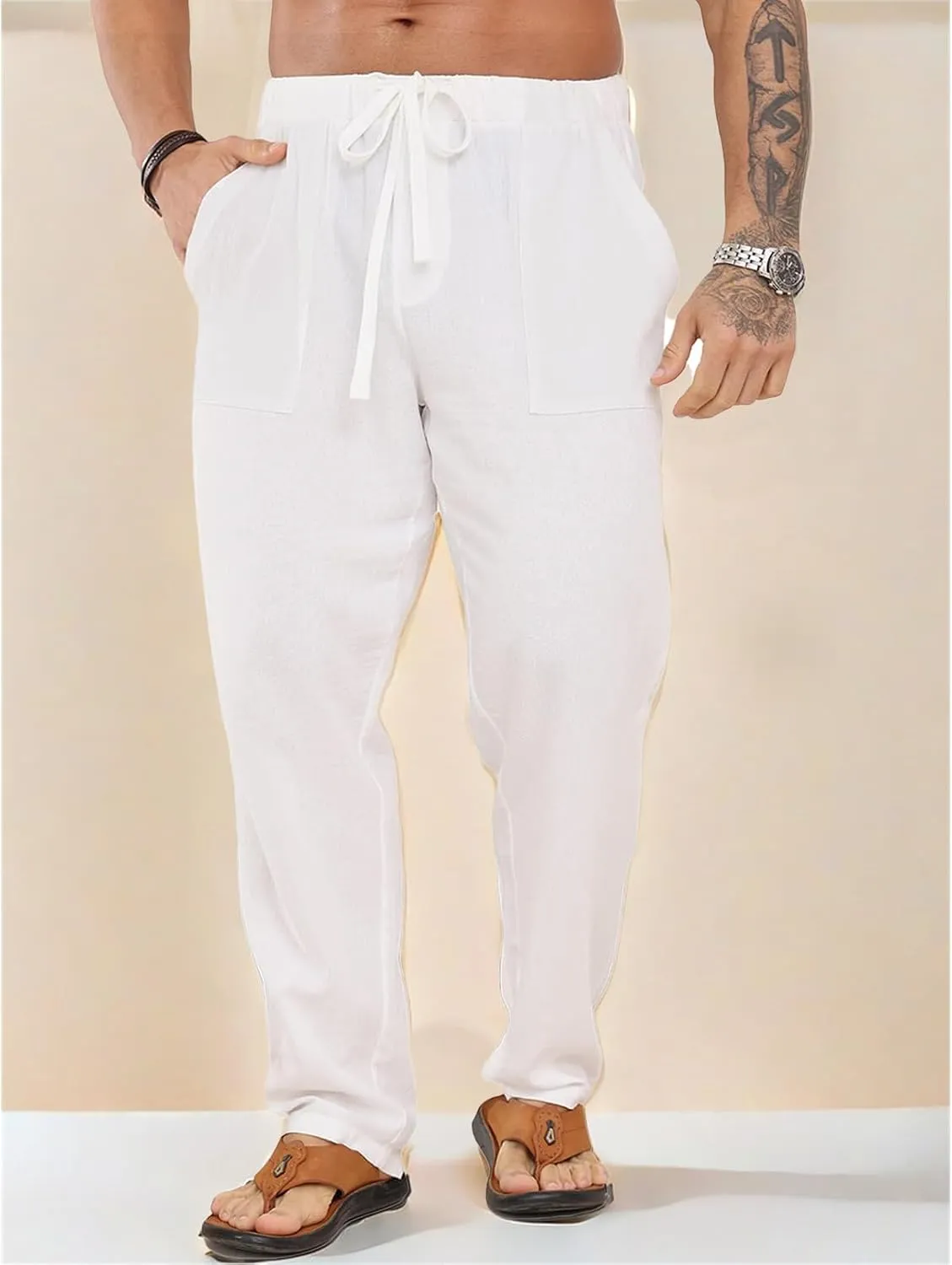 Men's Cotton Linen Pants Elastic Drawstring Waist Lounge Beach Yoga Trousers Casual Pants for Men Relaxed Fit