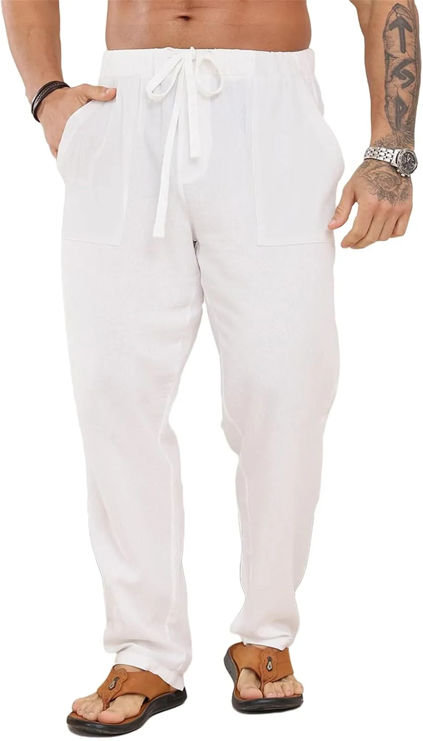 Men's Cotton Linen Pants Elastic Drawstring Waist Lounge Beach Yoga Trousers Casual Pants for Men Relaxed Fit