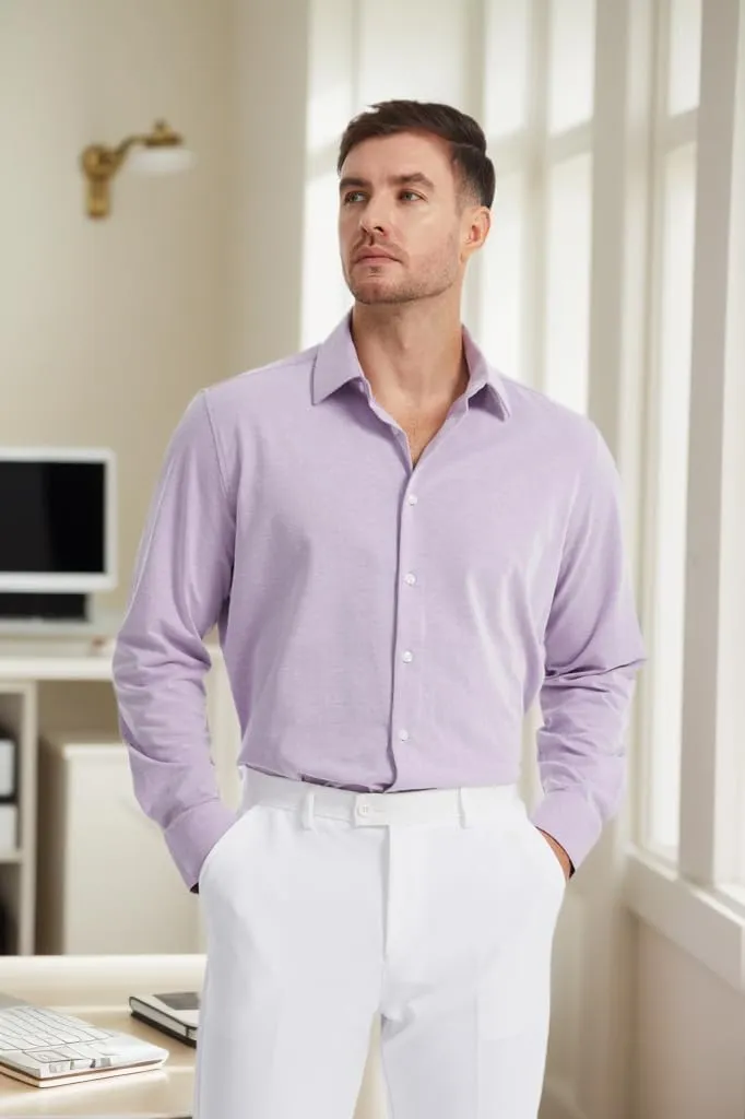 Men's Dress Knitted Shirts Stretch Wrinkle Free Button Down Shirts Long Sleeve Business Casual Shirts Mens