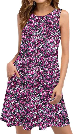 Mini Dresses for Women 2025 Summer Sleeveless Crew Neck Short Tank Dress Vintage Floral Print Vacation Beach Sundress