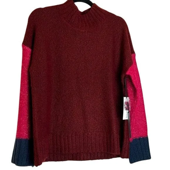 NWT Michael Stars Womens Colorblock Turtleneck Sweater Size S Red Pink & Navy