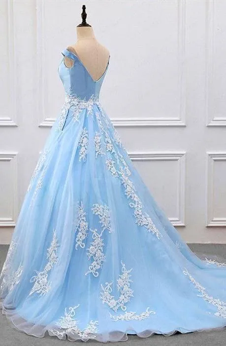 Off Shoulder Light Blue Prom Dress with Lace Applique, Prom Gown, Light Blue Formal Dress
