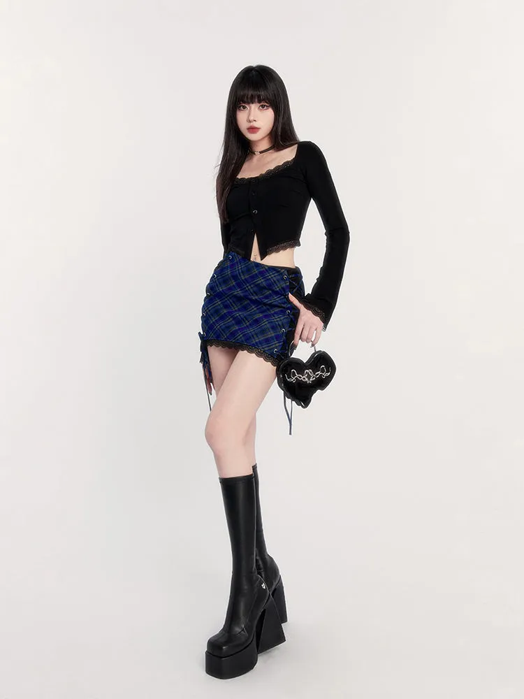 Plaid Lace Up Mini Skirt