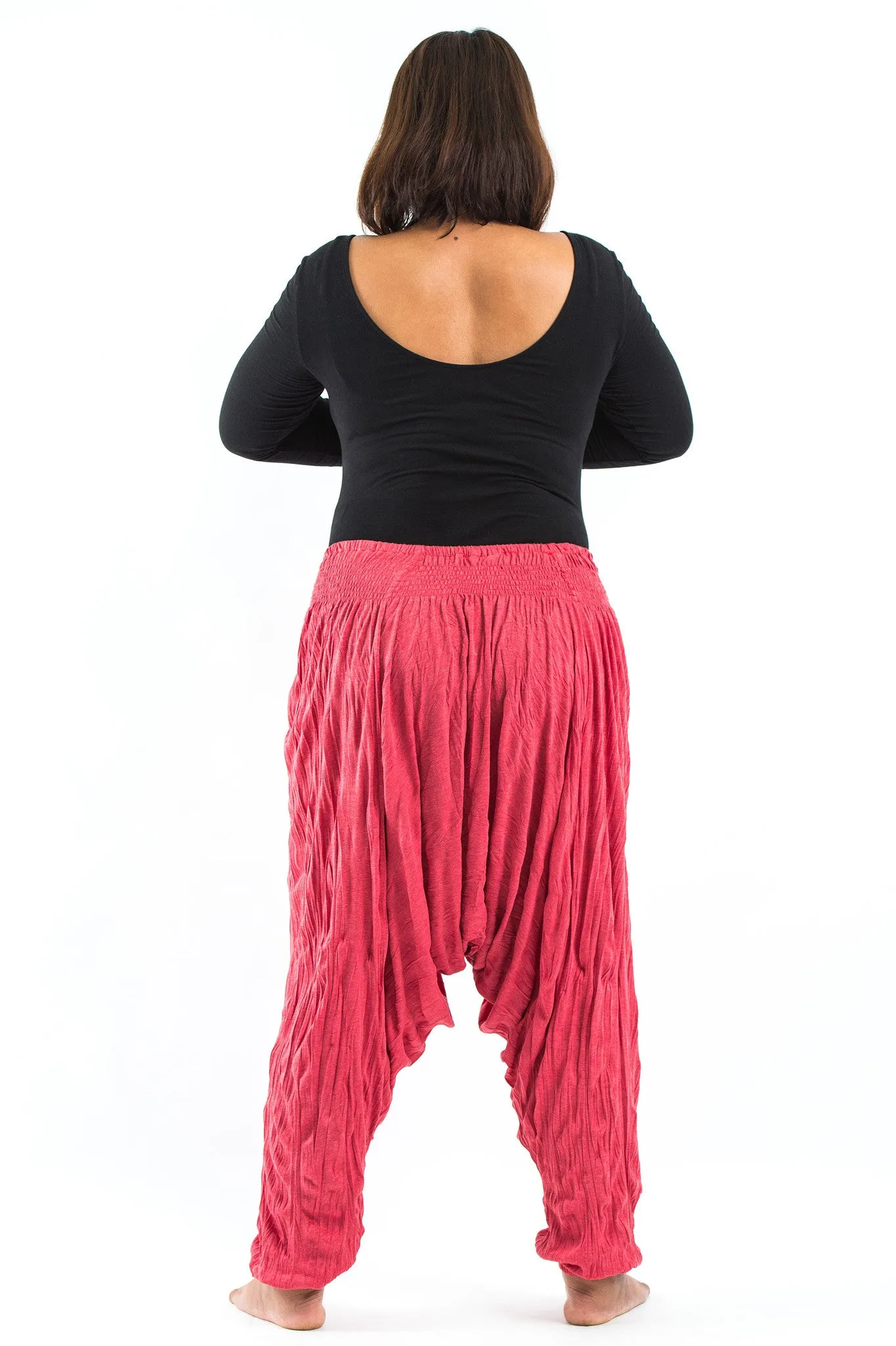 Plus Size Crinkled Cotton Harem Pants in Red