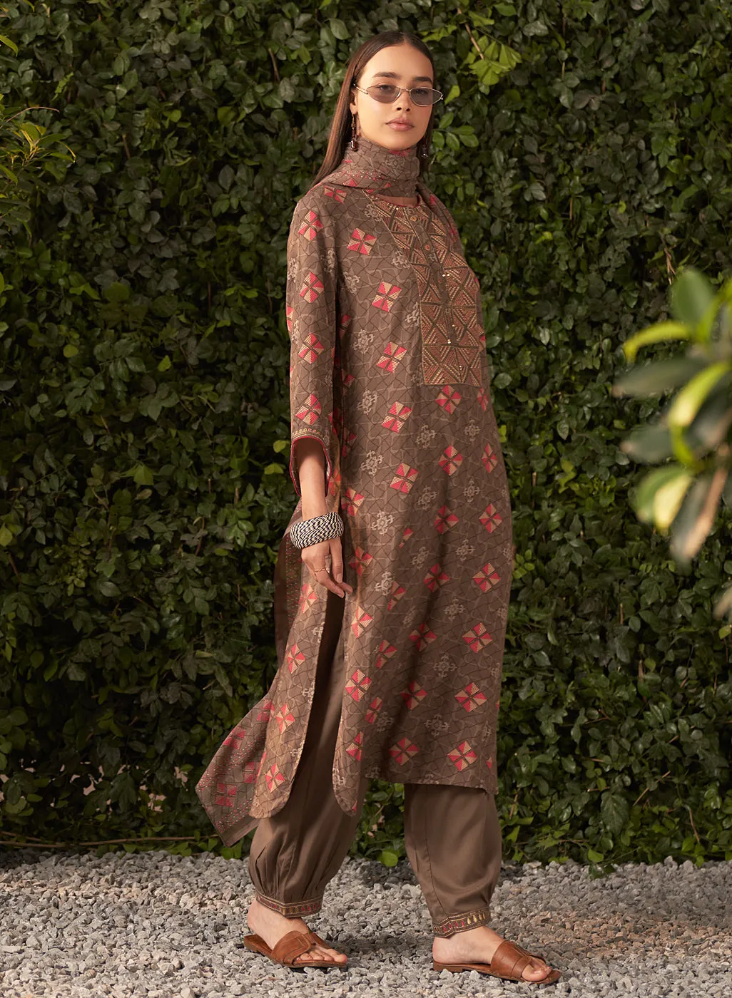 Prisha Brown Printed Rayon Salwar Kurta Set with Dupatta