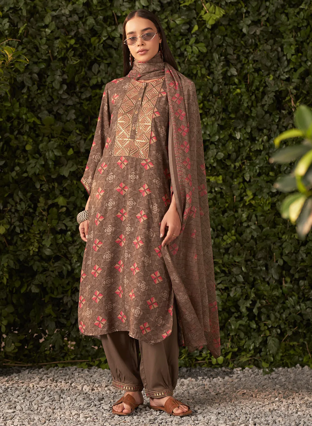 Prisha Brown Printed Rayon Salwar Kurta Set with Dupatta