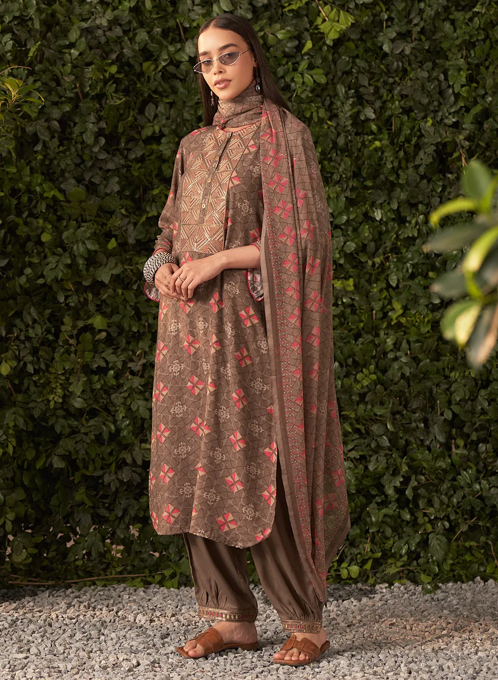 Prisha Brown Printed Rayon Salwar Kurta Set with Dupatta
