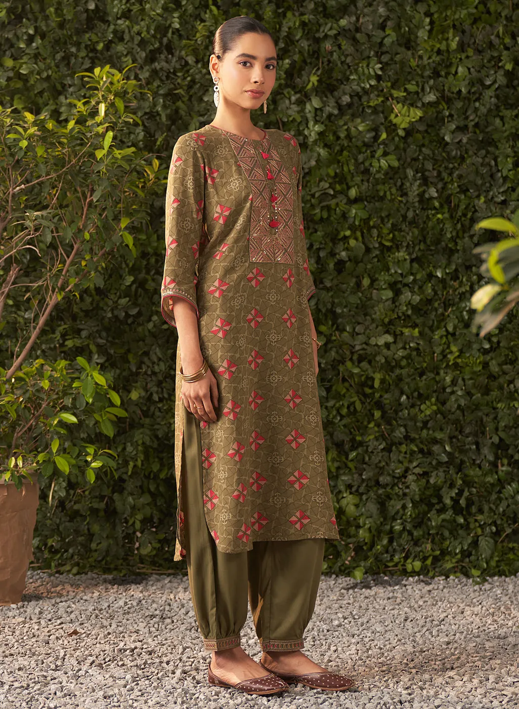 Prisha Moss Green Printed Rayon Salwar Kurta Set with Dupatta