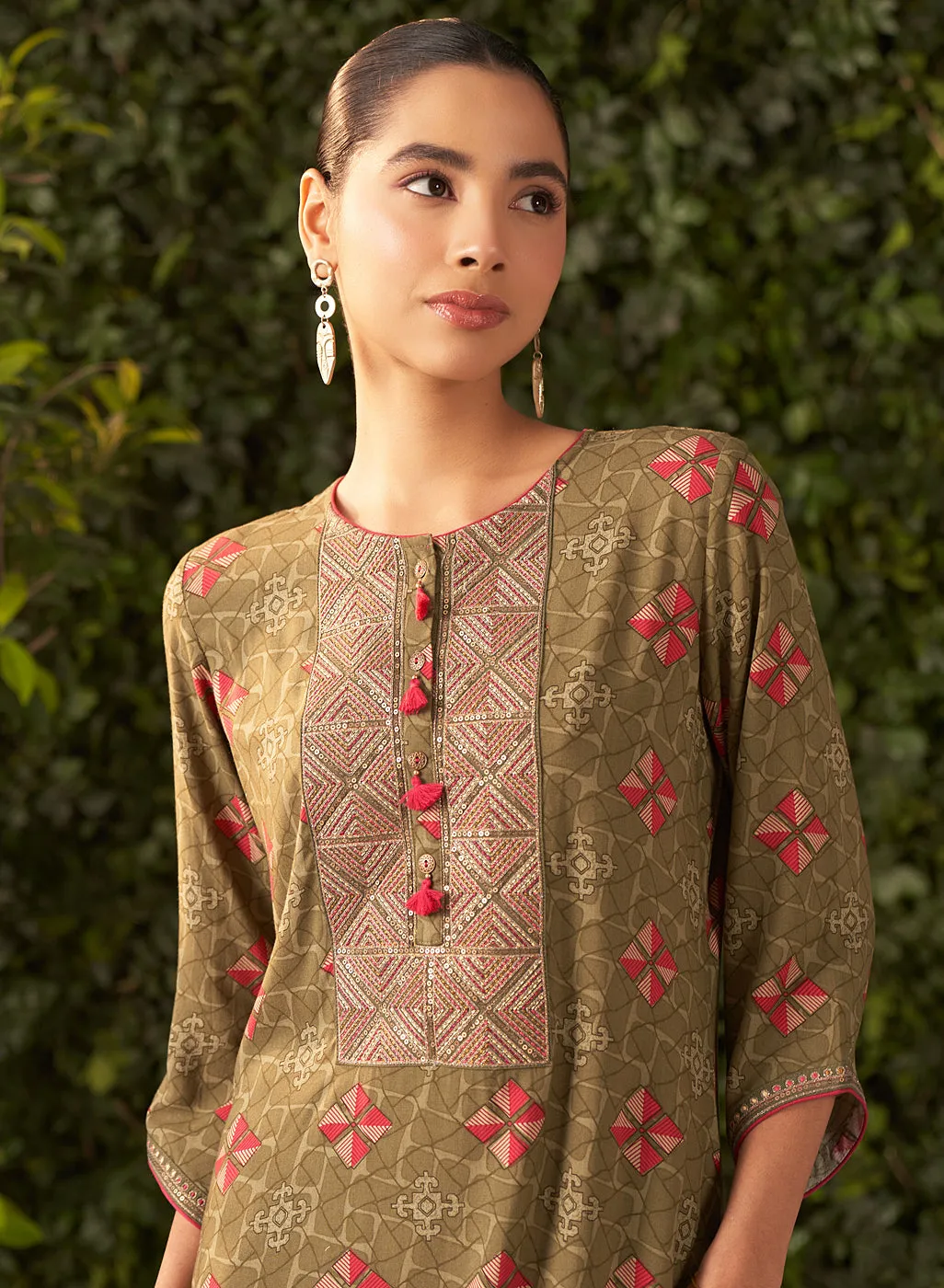 Prisha Moss Green Printed Rayon Salwar Kurta Set with Dupatta