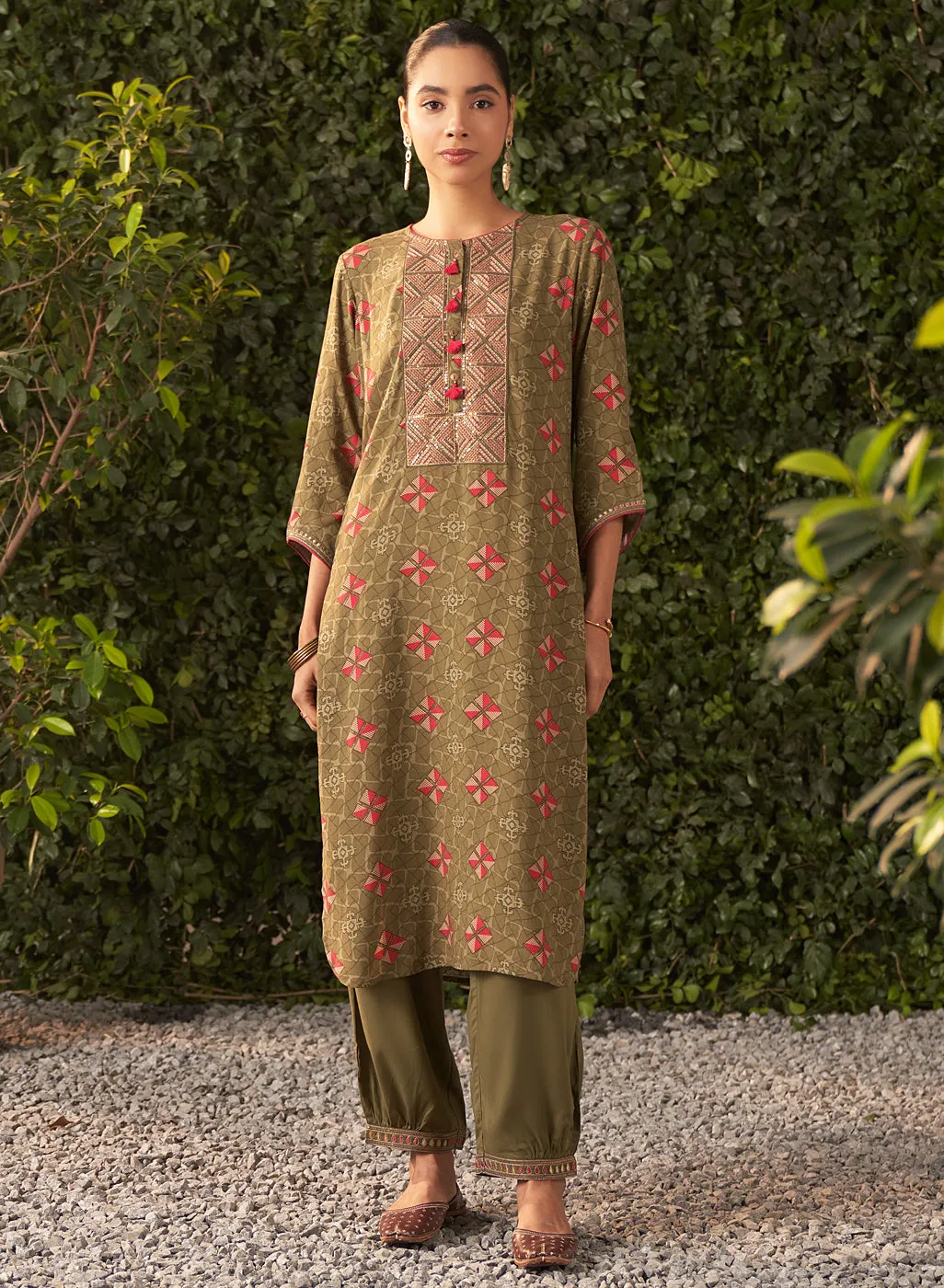 Prisha Moss Green Printed Rayon Salwar Kurta Set with Dupatta