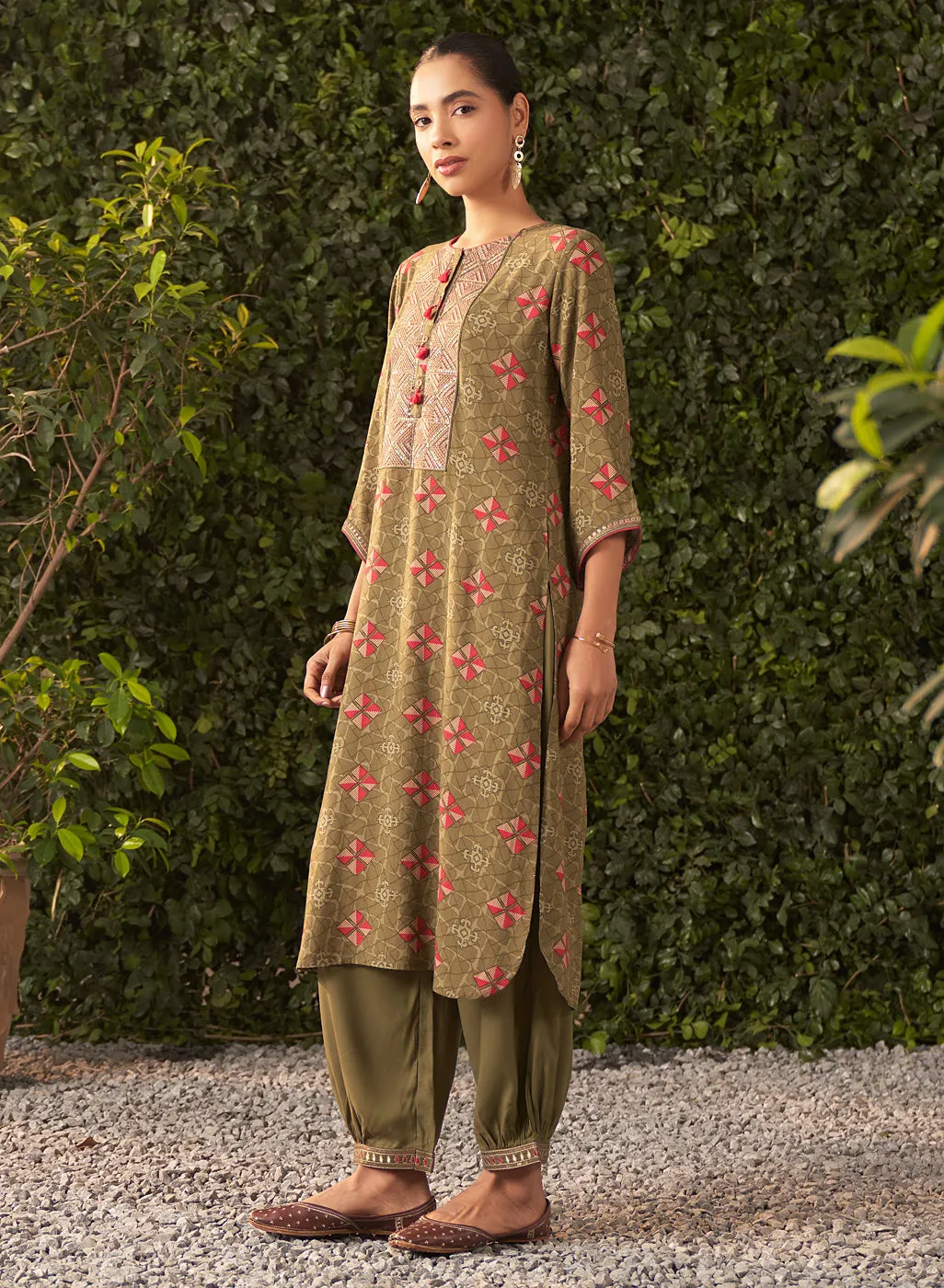 Prisha Moss Green Printed Rayon Salwar Kurta Set with Dupatta